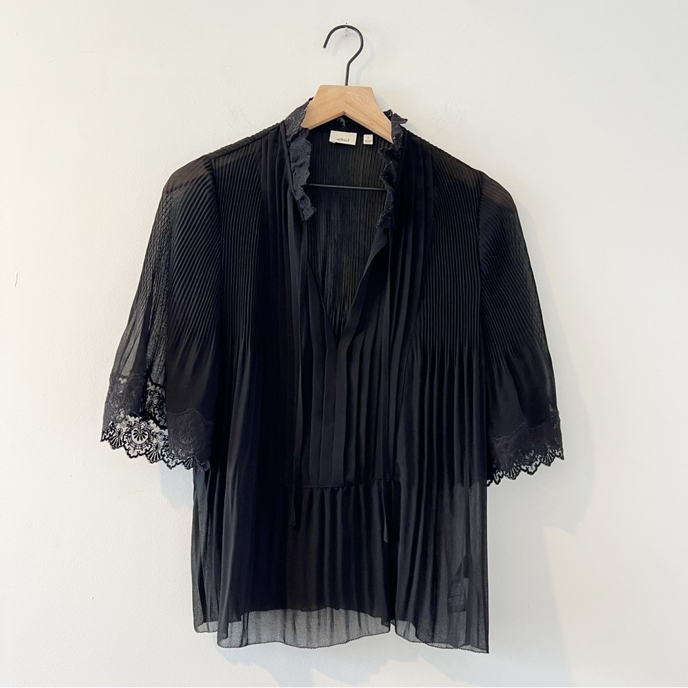 Aritzia Wilfred Matthieu Blouse Pleated Lace Trim Collar Tie Neck Black Small S